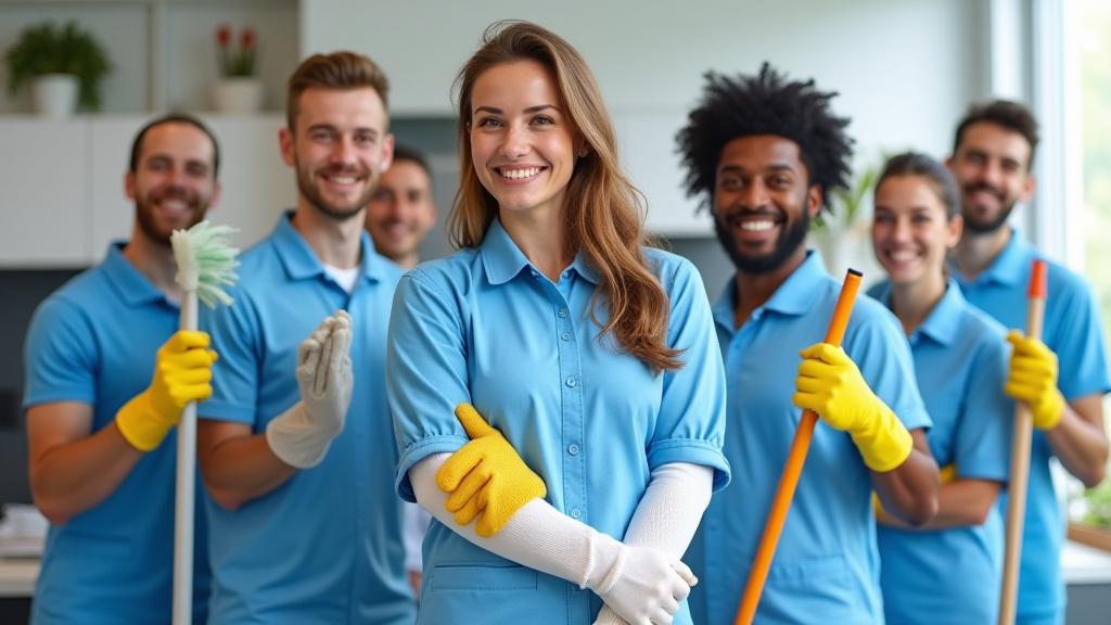 Collage of happy S H Wiz Cleaning team members at work