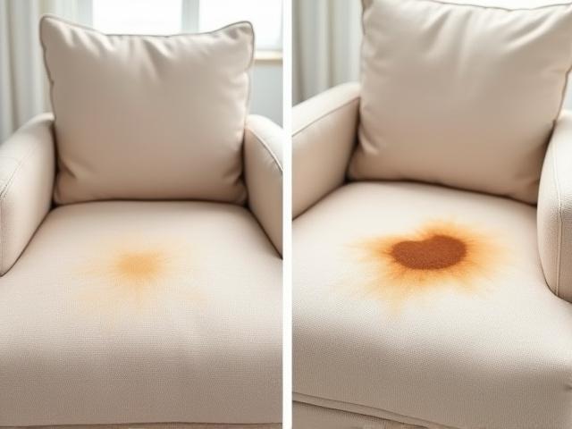 Before and after of a coffee-stained beige armchair being cleaned.