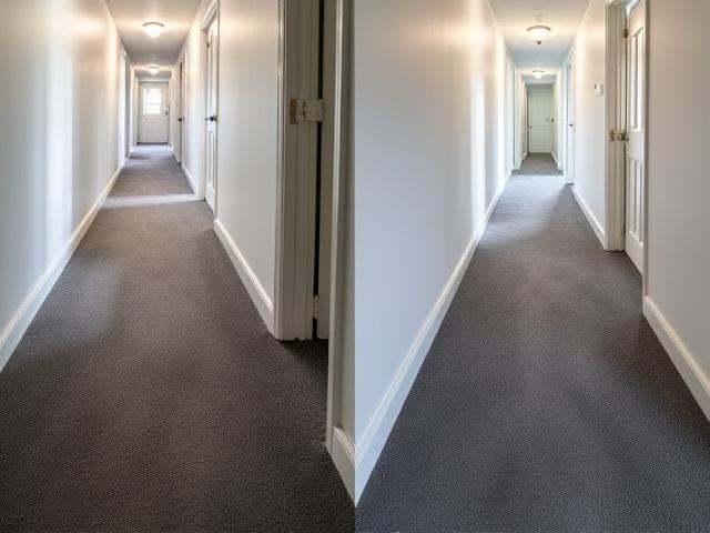 Before and after of a grimy, high-traffic hallway carpet in a home being cleaned.