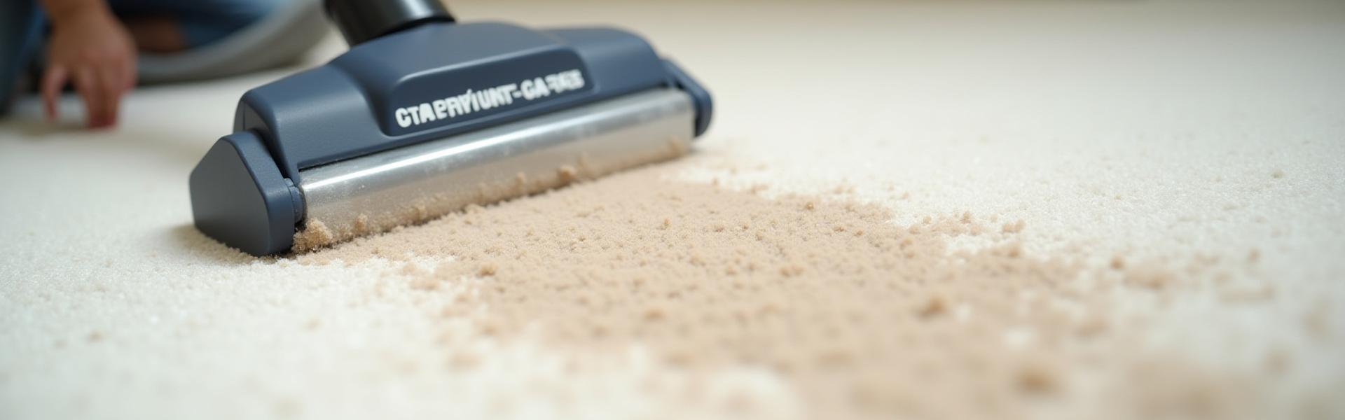 Close-up of a professional hot water extraction wand cleaning a dirty carpet, revealing a clean strip.
