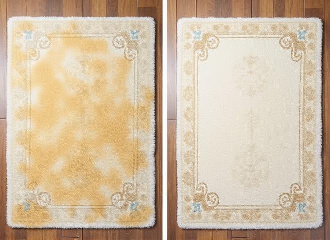 Before and after of a small rug with visible pet stains being cleaned.