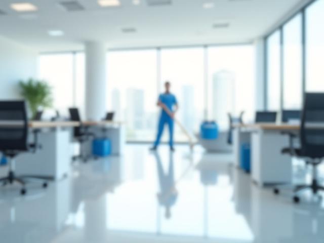 Modern, clean office environment with a professional cleaning team maintaining the space.
