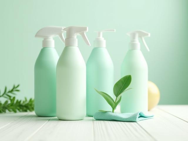 Assortment of professional, eco-friendly cleaning product bottles for green cleaning in Derby.