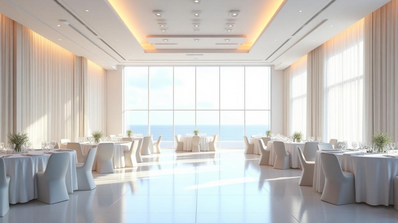 Beautifully set up empty event space ready for guests, with sparkling clean floors and polished surfaces.