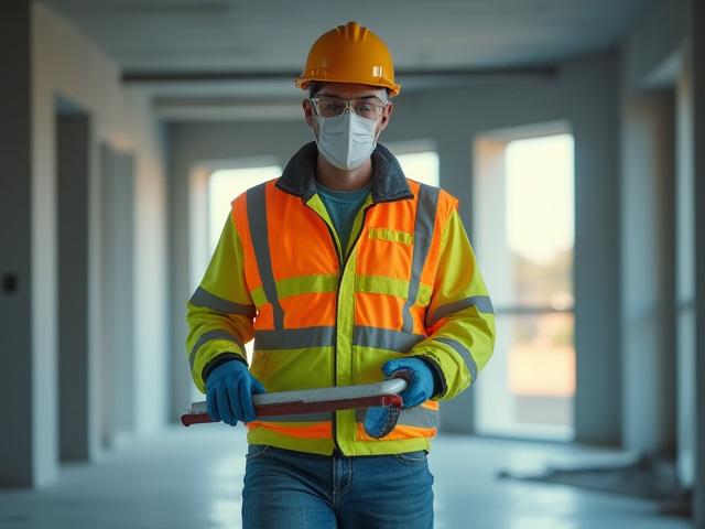 Professional cleaner in PPE on a construction site