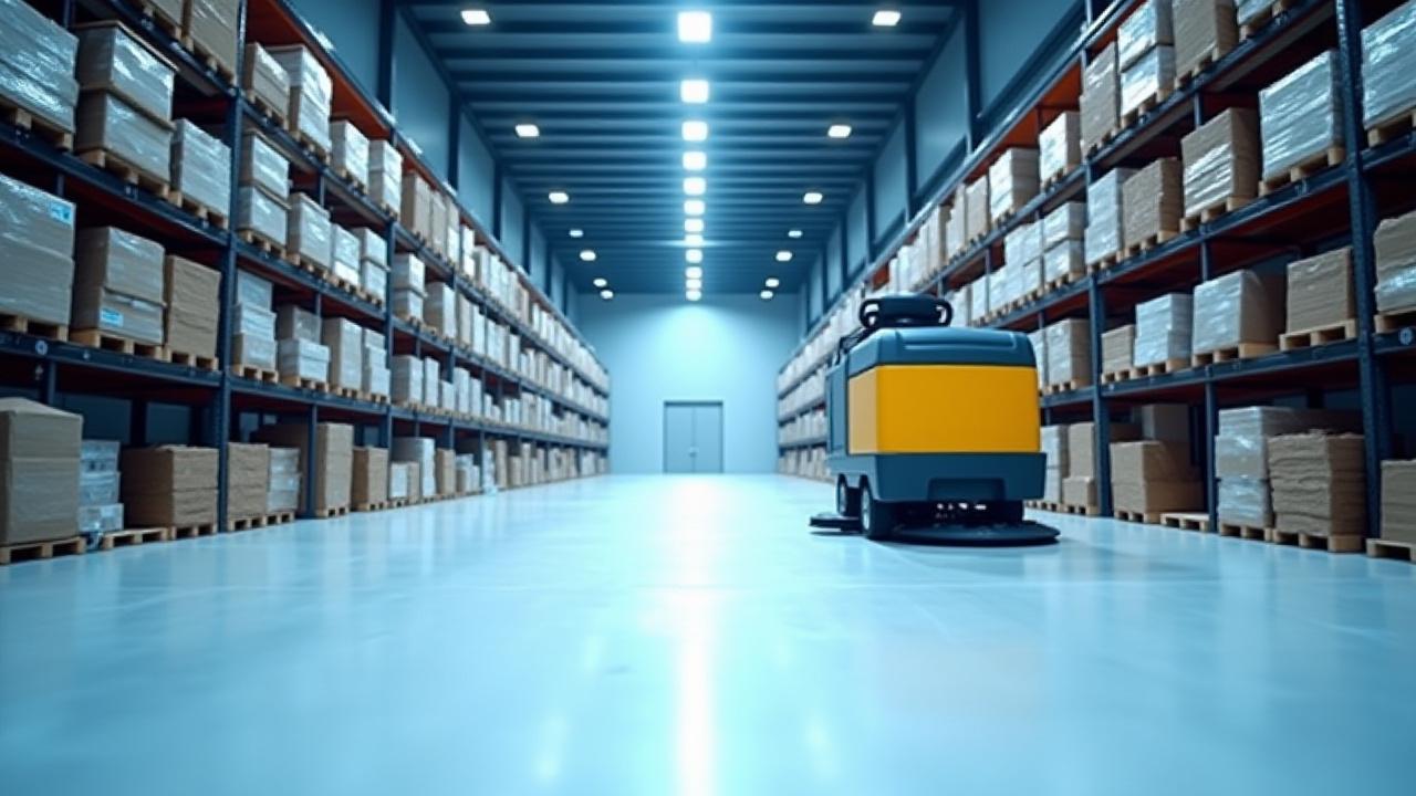 Wide shot of a vast, modern warehouse with a yellow floor scrubbing machine in operation, highlighting cleanliness and order.