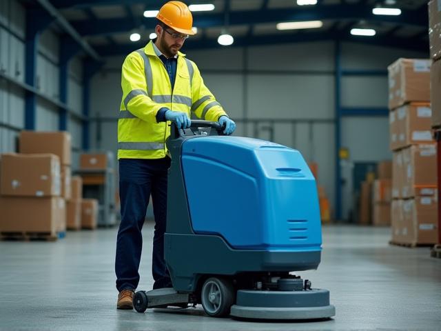 Professional cleaner in full PPE (hard hat, hi-vis vest, safety glasses) safely operating industrial cleaning equipment in a well-lit factory environment, emphasizing safety protocols.